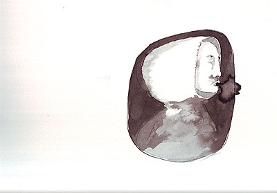 Ink on paper, hooded figure on grey background