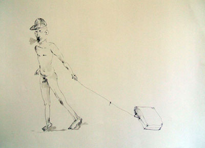 drawing of man dragging case, ink on paper