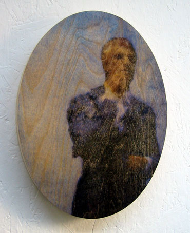 Oval painting 2 - figure in a suit smoking a cigarette. Oil based pigments on birch plywood
