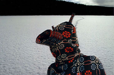 Figure wearing hooded garment made from a blanket, on a frozen lake